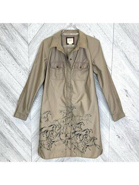 Anthropologie Maeve Equine Shirt Dress Womens US Size 6 Khaki Tan Horse Print